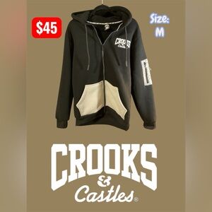 Crooks & Castles Black and Cream Zip-Up Sherpa Hoodie